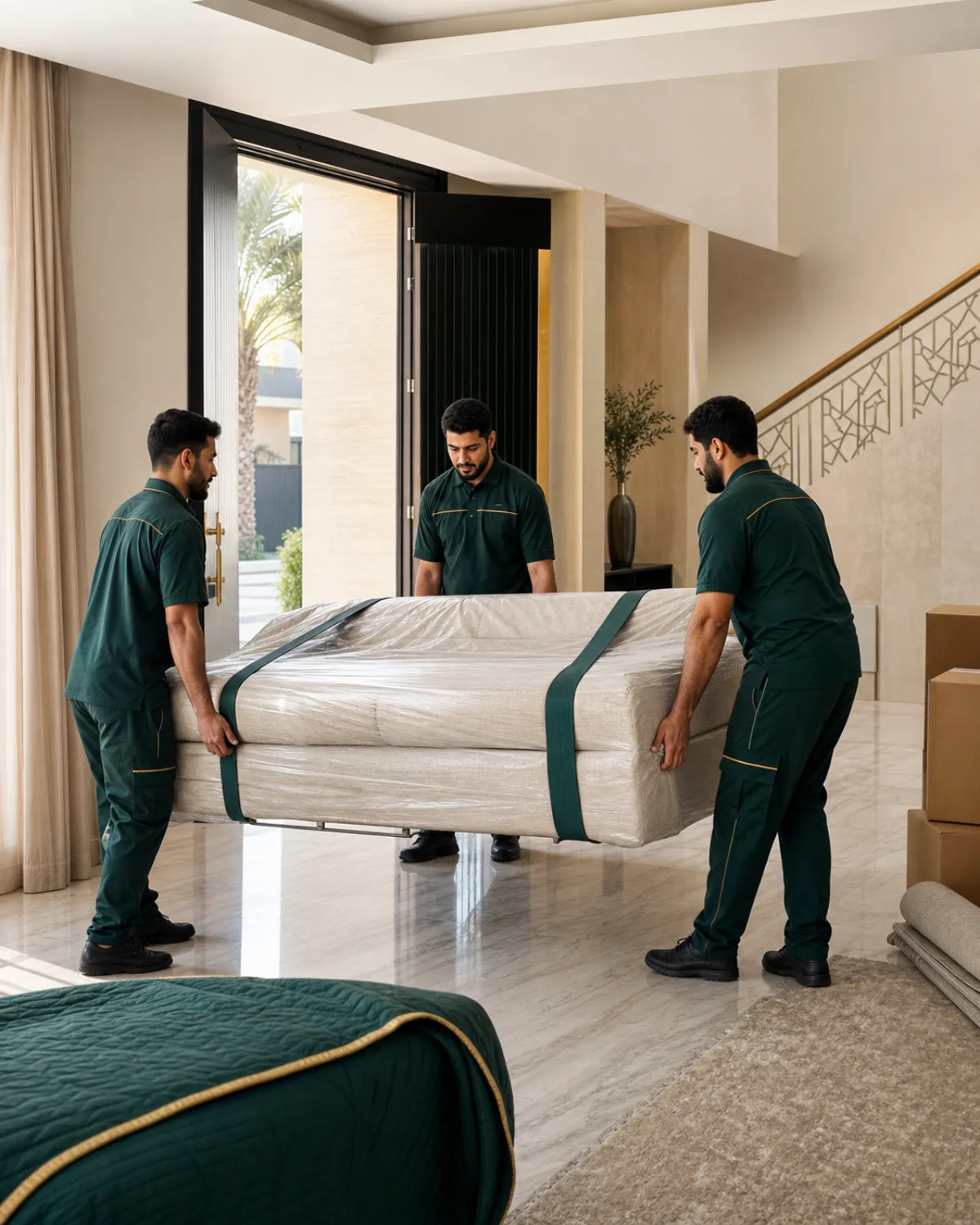 فريق صقر السعودية ينقل أثاثًا مغلفًا بعناية داخل منزل في الرياض